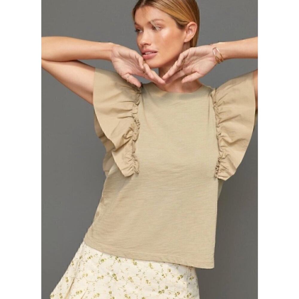 NATION LTD Para Boxy Tee Womens XS Safari Ruffle Sleeve Blouse Pima Cotton NEW
